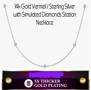 14k Gold Vermeil / 925 Sterling Silvet CZ Station adjustable Chain Necklace